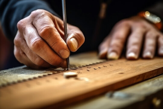 Closeup of carpenter hands at workshop, measuring the wood. Generative AI