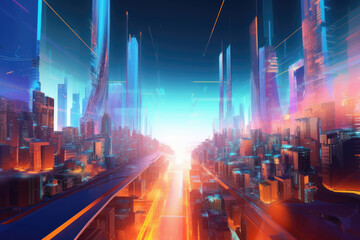 Fototapeta na wymiar A futuristic vision of a modern city, vibrant colors. Concept of colorfull big city with amazing view. Generative AI.