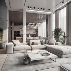 Elegant Living Room with Natural Color Palette, High Ceilings, and Chic Designer Furniture