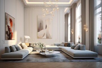 Spacious and Luxurious Living Room Boasting Designer Elements, Wooden Floors, and Modern LED Lighting Accents.