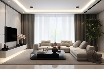 Spacious and Luxurious Living Room Boasting Designer Elements, Wooden Floors, and Modern LED Lighting Accents.