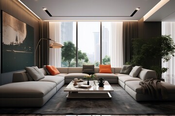 Exquisite Living Room with Comfortable Seating, High Ceilings, and Stylish Decor in Beige Tones for a Cozy Ambiance.