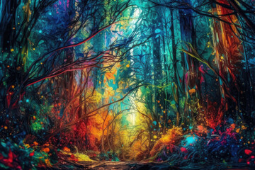 Abstract forest full of vibrant colors and beautiful colors as an illustration. Generative AI.