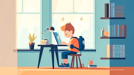 A schoolboy sits in front of a laptop and does his homework, generative AI.