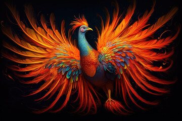 A stunning red and blue phoenix spreads its wings, displaying its majestic presence and vibrant colors in this captivating photo. Generative AI, AI.