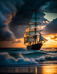 ship in the sunset