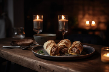 Obraz premium A delicious kebab being served in a restaurant, with juicy meat and fresh vegetables wrapped in warm pita bread. The perfect lunch or dinner option. Generative AI, AI.