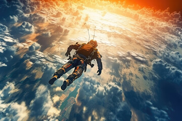 Fototapeta premium A fearless skydiver takes the leap of a lifetime, soaring through the air with the earth and clouds below. Generative AI, AI.