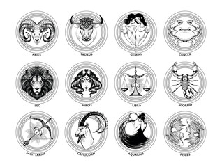 Set of astrological zodiac signs. Aries, taurus, gemini, cancer, leo, virgo, libra, scorpio, sagittarius, capricorn, aquarius, pisces hand drawing. Vector isolated engraving.
