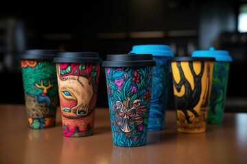 Assorted Reusable Cup Designs Displayed on a Table. Generative AI
