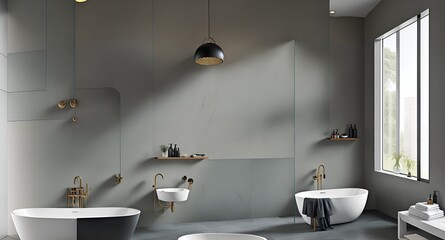 Naklejka na ściany i meble Photo of a luxurious bathroom with double sinks and bathtubs