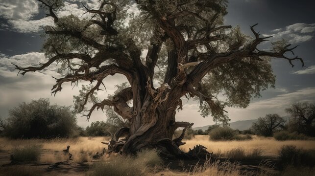 Old oak tree in the desert of South Africa. Vintage style.. Generative AI