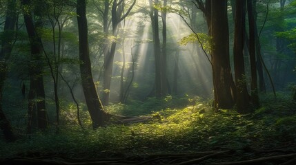 Morning in the forest with sunbeams passing through the trees.. Generative AI