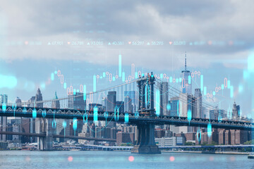Brooklyn and Manhattan bridges with New York City financial downtown skyline panorama at day time...