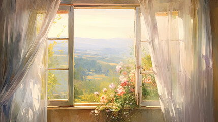 Rustic Window with White Linen Drapes Overlooking Countryside