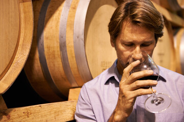 Wine, taste and a man in the cellar of a distillery on a farm for the production or fermentation of alcohol. Glass, industry and barrel with a male farmer drinking a beverage for quality control