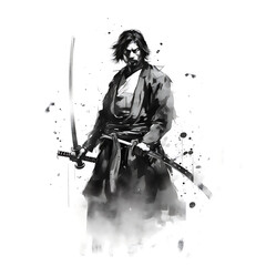 Samurai rough ink painting, black and white, white background, created with generative AI