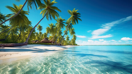 Sea beach with white sand, palm trees, blue water and sky, generative AI.
