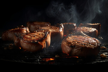 Sizzling pork chops on a grill against a dark backdrop. Juicy meat, seasoned with rosemary and spices, cooked to perfection. Generative AI.