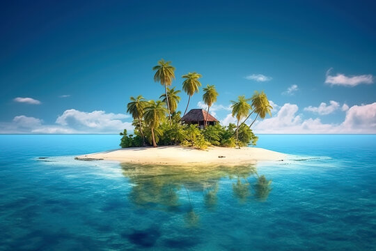 Tiny tropical island with hut and palms surrounded sea blue water, generative AI.