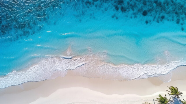 Tropical beach with white sand and sea blue water, aerial top view, generative AI.