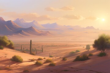 Desert landscape with cactus and mountains at sunset. watercolor painting.. Generative AI