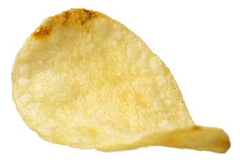 Single potato chip isolated on white background.
