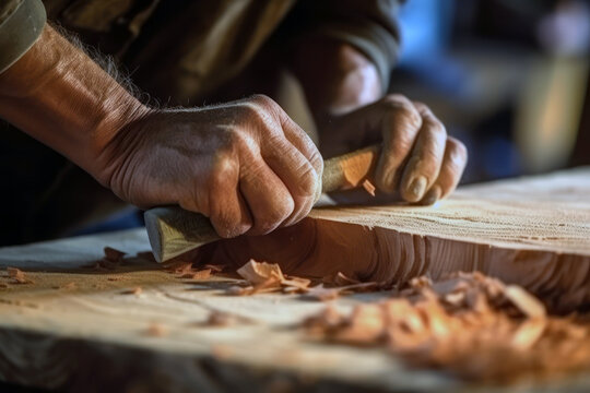 Carpenter working on a wood, old hands close up, workshop background. Generative AI