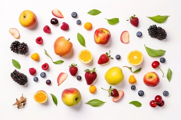 Fruits and berries on white background. Flat lay, top view