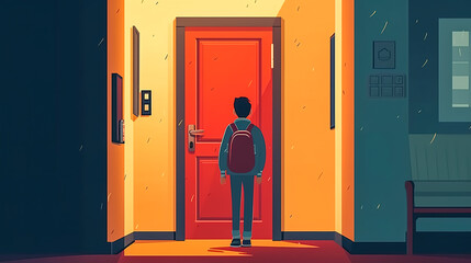 Fototapeta premium Schoolboy with a backpack in the school building, generative AI.