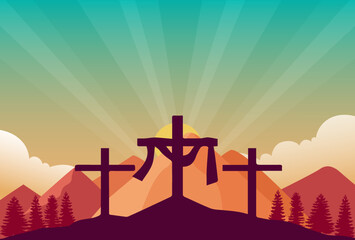 Ascension Day of Jesus Christ, Isa Al Masih, Good Friday. Cross on the hill with a mountain and sunset background. 