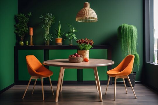 interior background indoor luxury style kitchen modern table dining plant empty room. Generative AI.