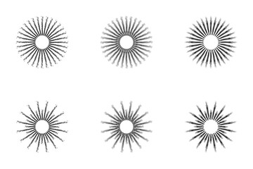Hand drawn sunburst element set. Starburst radial stripes. Vector illustration.