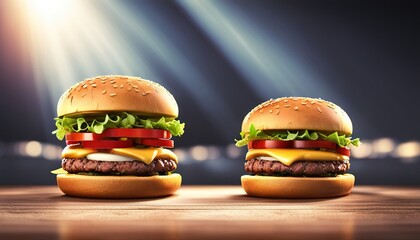 Two fresh tasty burgers isolated on grey background. Generative AI