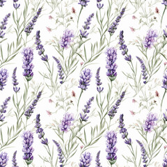 Seamless pattern with many lavender flowers on white background in watercolor style. Generative AI.