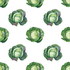 Seamless pattern with many green cabbages on white background in watercolor style. Generative AI.