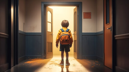 Schoolboy with a backpack in the school building, generative AI.