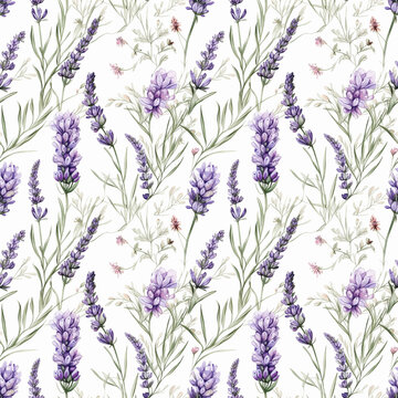Seamless pattern with many lavender flowers on white background in watercolor style. Generative AI.