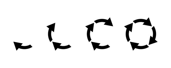 Set of black circular arrows. Refresh or recycle. Reset, synchronize, repeat and loading. Motion or rotation arrows. 