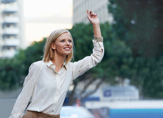 Travel, urban city and happy woman hail, wave or try to stop taxi, cab or car ride for transportation journey in San Francisco. Happiness, street sidewalk and person gesture for USA transport service