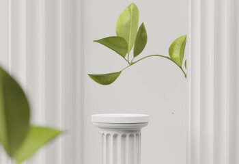 3D display, podium white background. Nature green plant branch with leaves. Minimal beauty pedestal. Cosmetic product presentation. Organic leaf. Template with greek column. Studio 3d render
