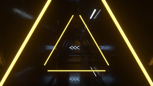 Exciting drive through a neon room with arrows and camera turns, seamless VJ Loop