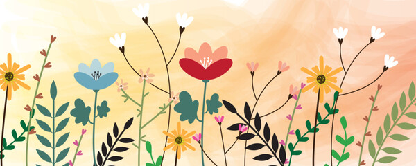 Horizontal watercolor banner or floral backdrop decorated with gorgeous multicolored flowers and leaves border spring botanical flat vector illustration on watercolor background.