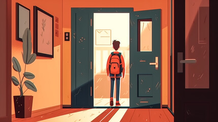 Schoolboy with a backpack in the school building, generative AI.