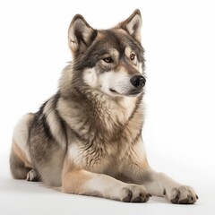 Wolf laying down on white background