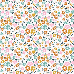 Beautiful floral pattern in small abstract flowers. Small multicolored flowers. White background. Ditsy print. Elegant template for fashion prints. Stock vector.