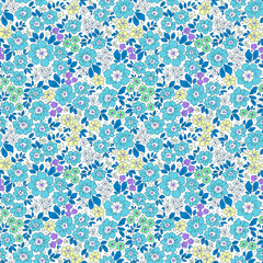 Beautiful floral pattern in small abstract flowers. Small blue flowers. White background. Ditsy print. Floral seamless background. Liberty template for fashion prints. Stock pattern.