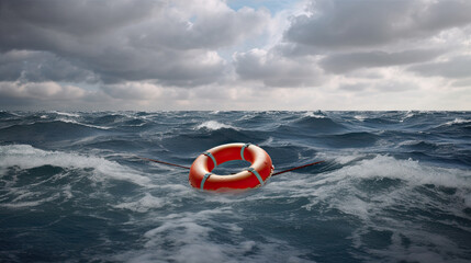 Naklejka premium Lifebuoy in a stormy blue sea Generative AI