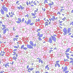 Vintage seamless floral pattern. Liberty style background of small delicate flowers. Small pink flowers and lilac leaves scattered over a white background. Stock vector for printing on surfaces.