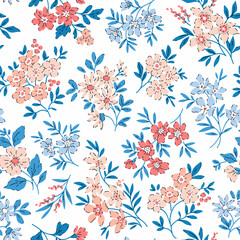 Cute seamless floral pattern. Ditsy style background of small pink and blue flowers. Small blooming flowers scattered over a White background. Stock vector for printing on surfaces and web design.